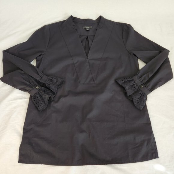 J. Crew  Black Shirt Top 100% Cotton V-neck Long Sleeve with Ruffles Size XS. - Picture 7 of 15